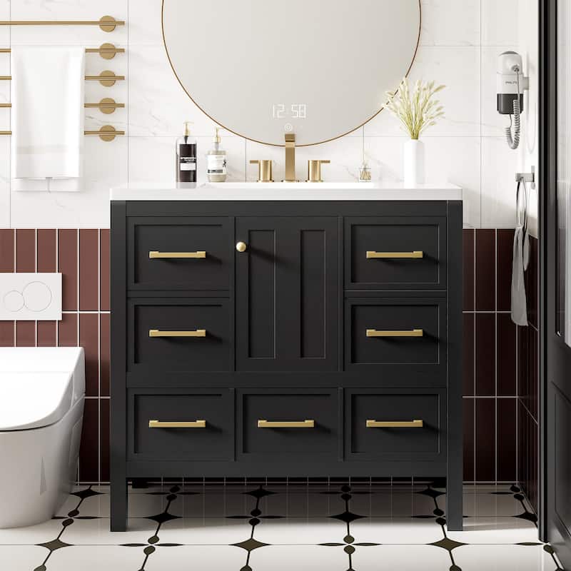 Roomfitters 36" Vanity with Resin Sink, Solid Wood Cabinet with 5 Drawers and Soft Closing Doors, Freestanding Storage Set