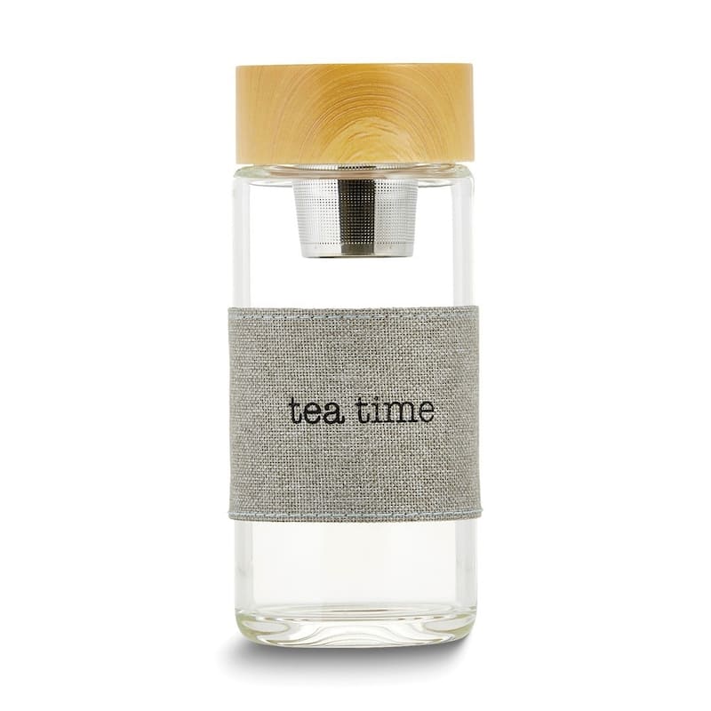 Curata 12 Ounce Glass Tea Infuser Bottle with Tea Time Flax Sleeve and