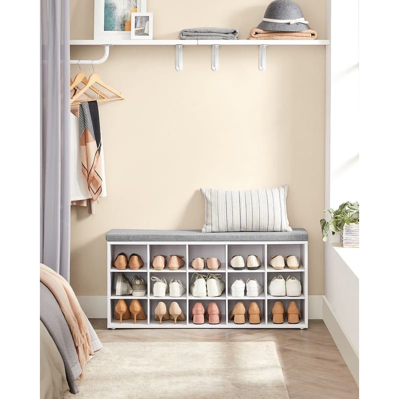 Wood Shoe Bench with Cushion, 15-Compartment Storage Organizer - 11.8"D x 41.3"W x 18.9"H