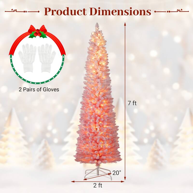 Pink Slim Christmas Tree with LED Lights and Snow-Flocked PVC Branches Included Metal Stand and Gloves