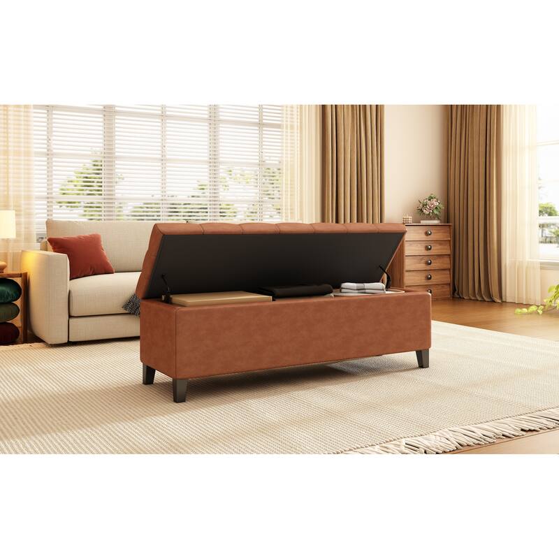 PU Leather Button-Tufted Storage Ottoman with Birch Wood Legs