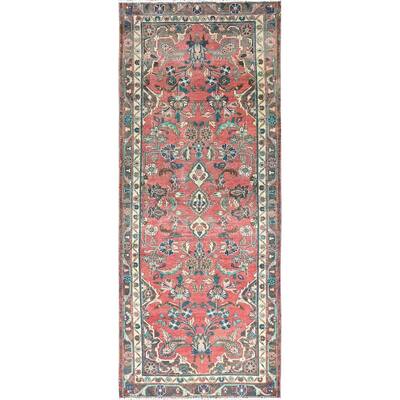 Shahbanu Rugs Grapefruit Pink Hand Knotted Vintage Persian Lilahan Rustic Look Soft Wool Clean Runner Oriental Rug (3'4"x8'6")