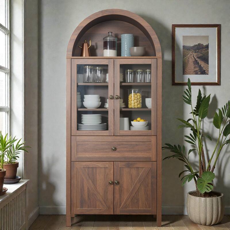 Vintage Dome Cabinet with Arched Design, Large Storage Display Cabinet with Adjustable Shelves for Living Room - Walnut
