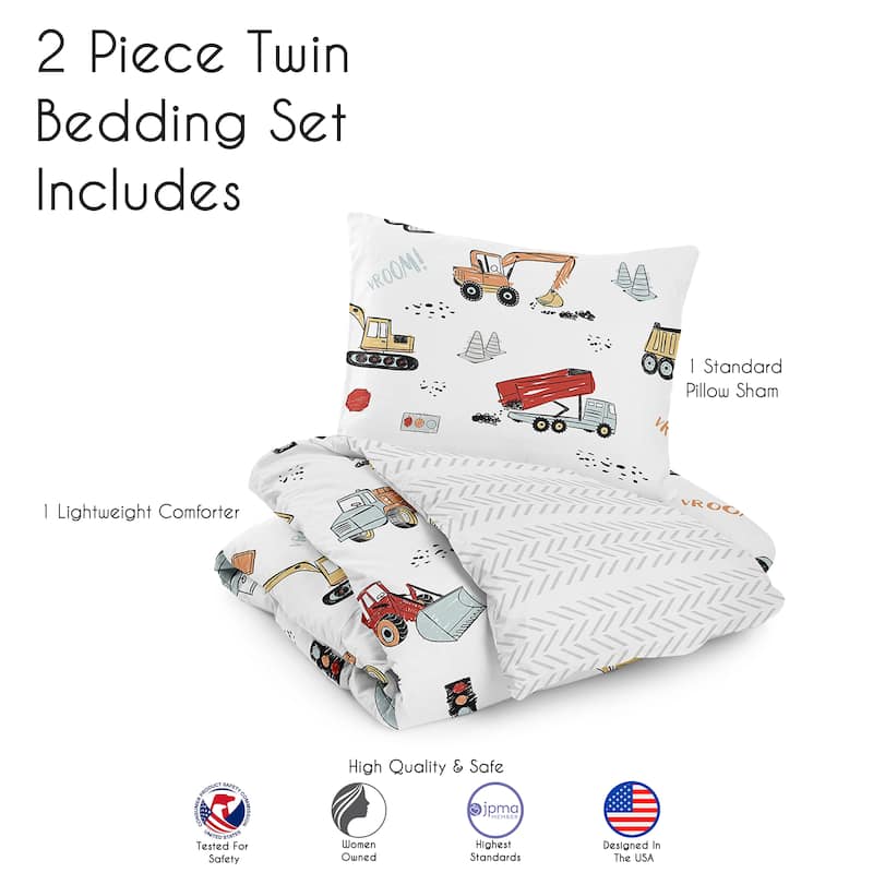 Sweet Jojo Designs Construction Truck Boy 2pc Twin Comforter Set - Grey Yellow Orange Red Blue Transportation Chevron