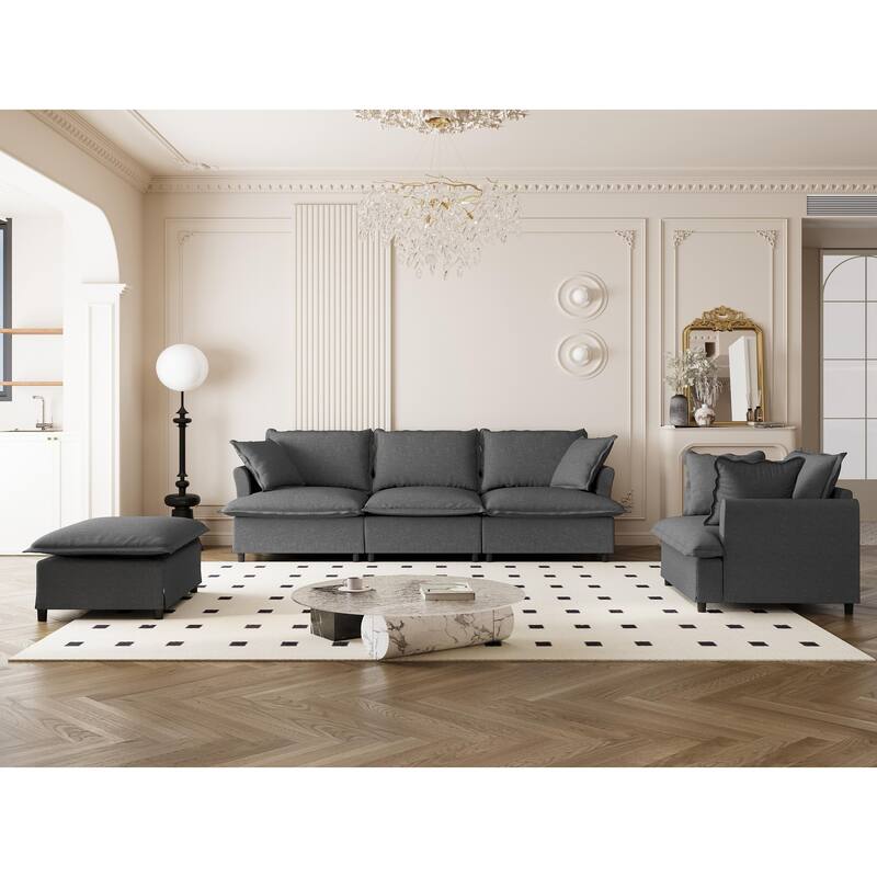 3-Piece Chenille Modular 5-Seat Sectional Set with Ottoman & Spring Cushions