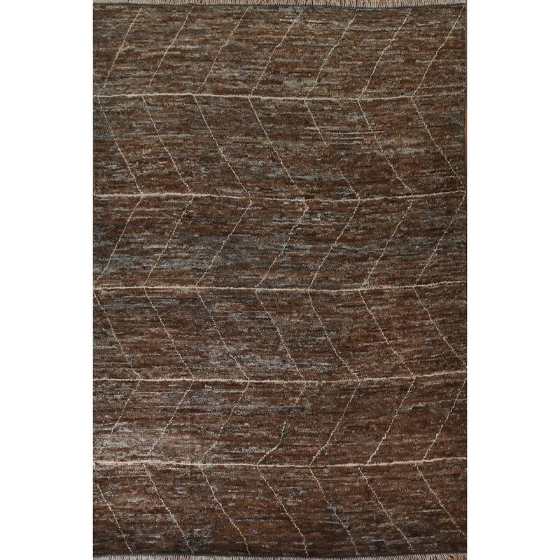 Hand Knotted Oriental 100% Wool Carpet Tribal Tribal Brown Moroccan Area Rug - 9' 7'' X 6' 7''