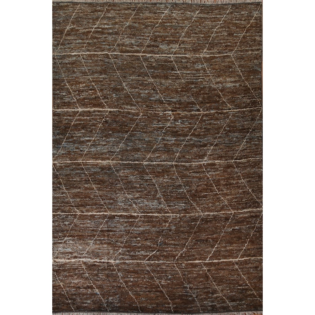 Hand Knotted Oriental 100% Wool Carpet Tribal Tribal Brown Moroccan Area Rug - 9' 7'' X 6' 7''