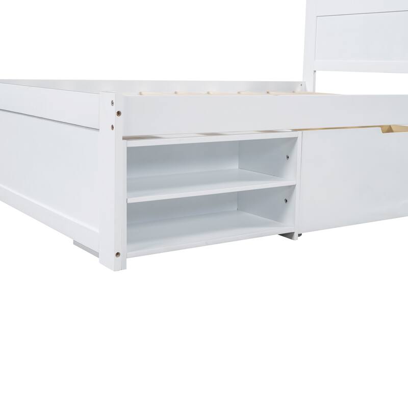 Platform bed with drawers and two shelves
