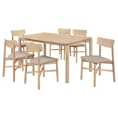 Rida 7pc Dining Table Set w 6 Tan Brown Upholstered Chairs, White Washed