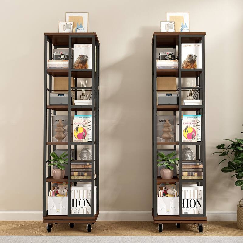 5 Tiers Rotating Bookshelf, Corner Bookcase, 360 Display Wood Spinning Bookshelves, Floor Standing Bookcase Narrow Shelf