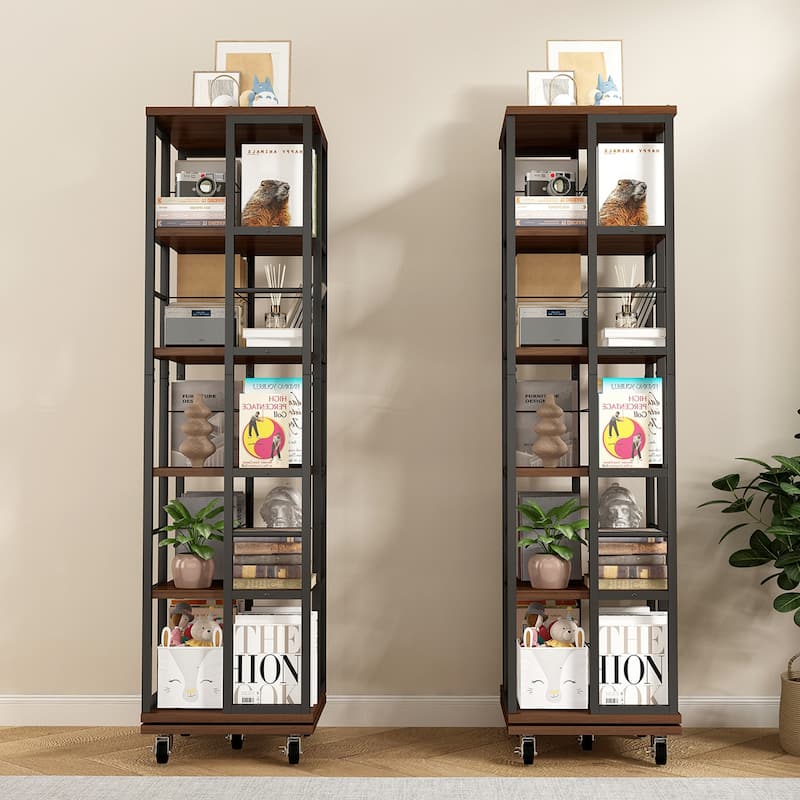 Anmytek 360 Rotating Corner Bookshelf with Wheels Space Saving Storage for Small Rooms