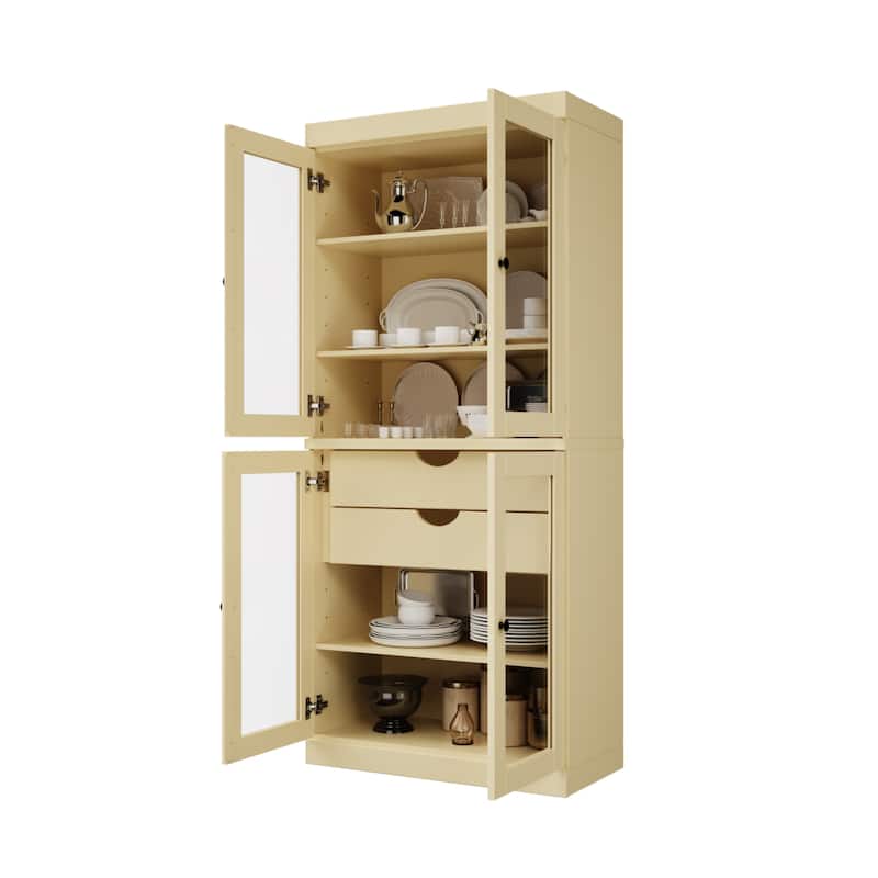 Palace Imports 100% Solid Wood Pantry Cabinet with Frosted, Clear Glass or Solid Doors, 2-Drawers and Adjustable Shelves