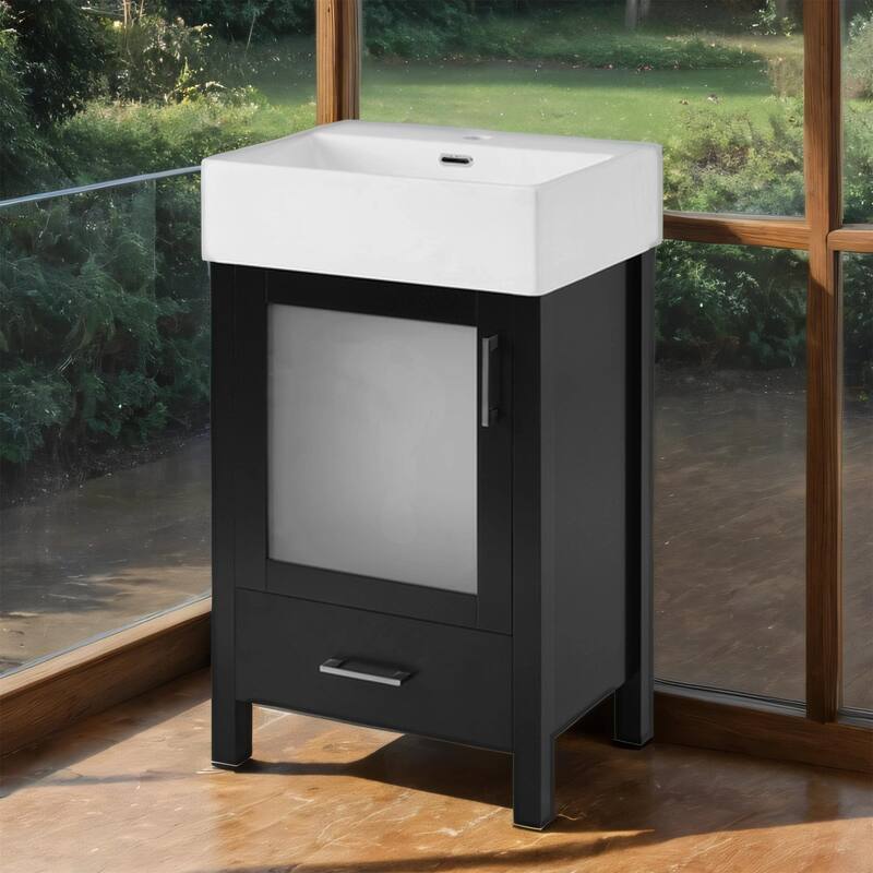 20" MDF Bathroom Vanity with Ceramic Integrated Basin, Solid Wood Legs