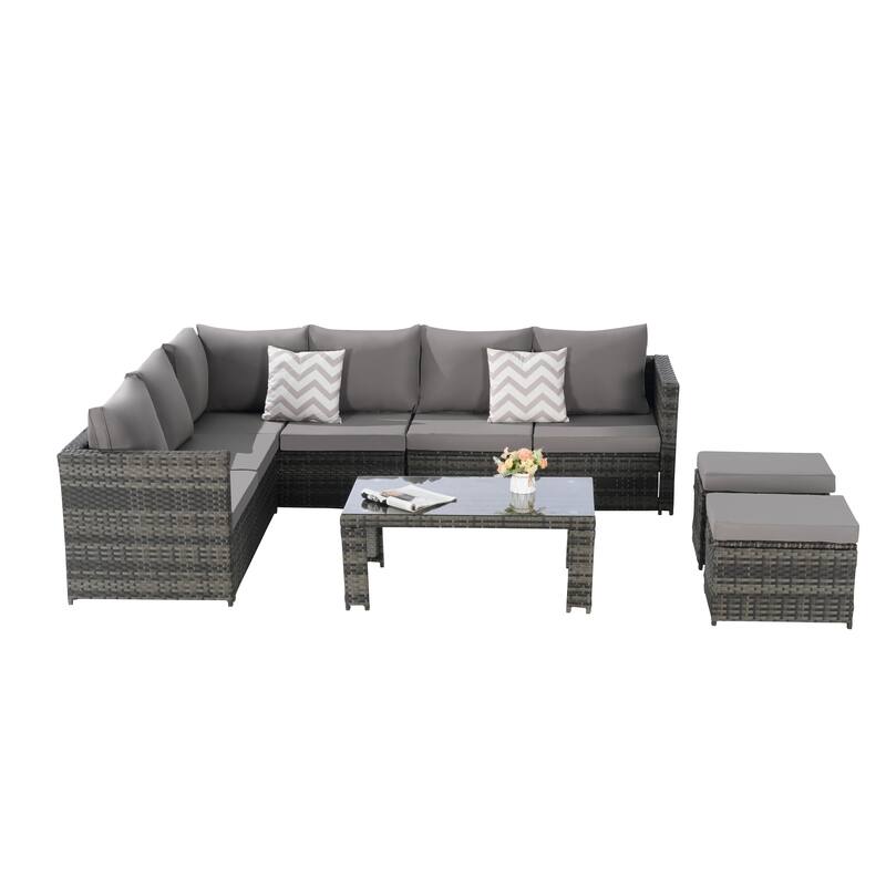 6-Piece Outdoor Patio Rattan Conversation Sectional Sofa Set with Tempered Glass Coffee Table