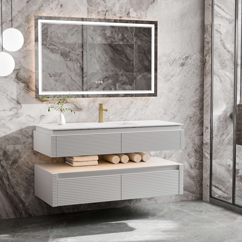 Modland 48" Modern Wall-Mounted Single Sink Bathroom Vanity with Engineered Stone Countertop,Soft-Close Drawers
