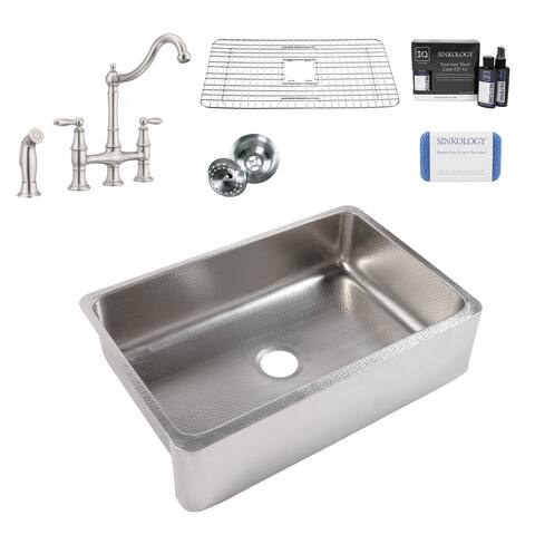 Lange Crafted Stainless Steel 32" Single Bowl Farmhouse Apron Kitchen Sink with Stainless Bridge Faucet Kit