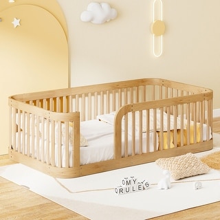 Twin/Full Size Wooden Floor Bed, Kids Bed Frame with Fence Guardrail, Toddle Bed with Small Opening