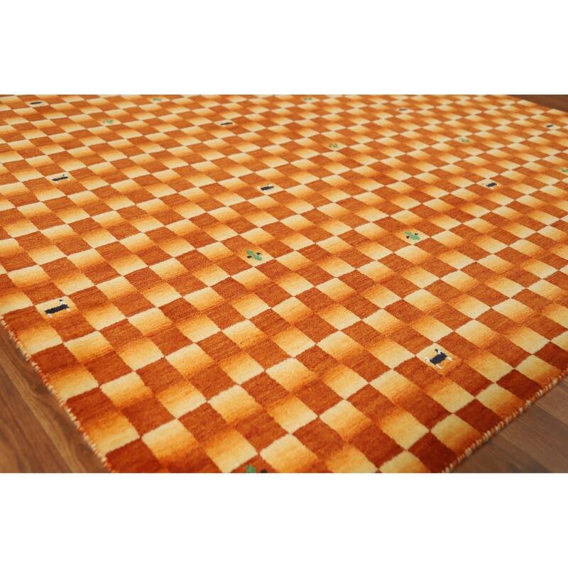 Checkered Gabbeh Indian Area Rug Hand-Knotted Wool Carpet - 5'5" x 7'9" - Orange - 5'5" x 7'9"