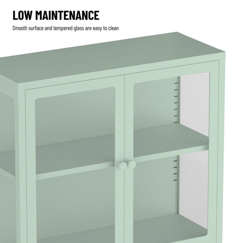 Storage Cabinet with 4 Glass Doors, Modern Sideboard Cabinet with Adjustable Shelves & Steel Feet, Accent Cabinet for Kitchen