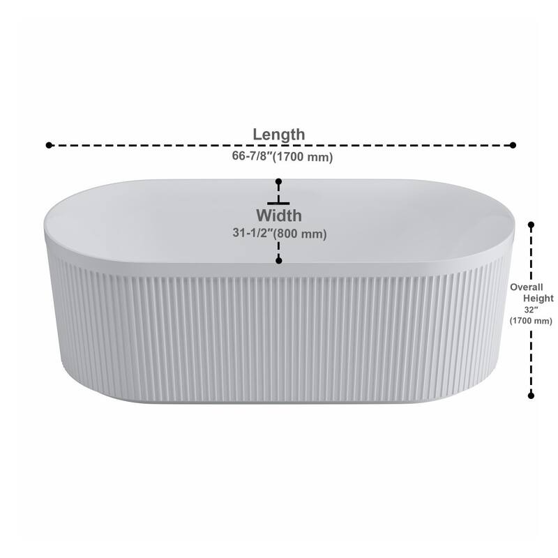 Repose 67" Fluted Acrylic Soaking Tub - Oval - 31D x 67W x 23H