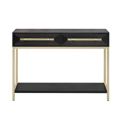 Retro Entryway Console Table with Geometric Design and Metal Legs, 45.5" Storage Entryway Sofa Table with 2 Drawers and Shelf