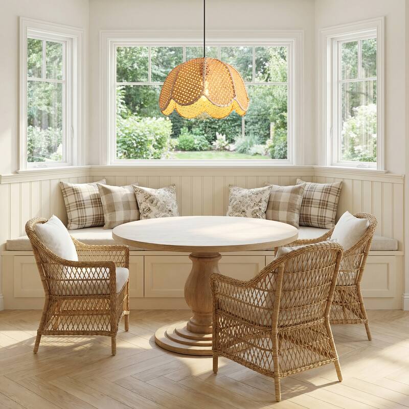 1-Light Farmhouse Flower Shaped Brown Hand-Woven Natural Rattan Ceiling Light Fixture - 15.7" W x 55" H