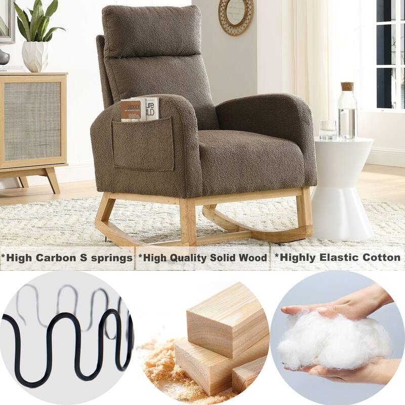 High Backrest Rocking Chair with Rubber Wood Base and Two Side Pocket