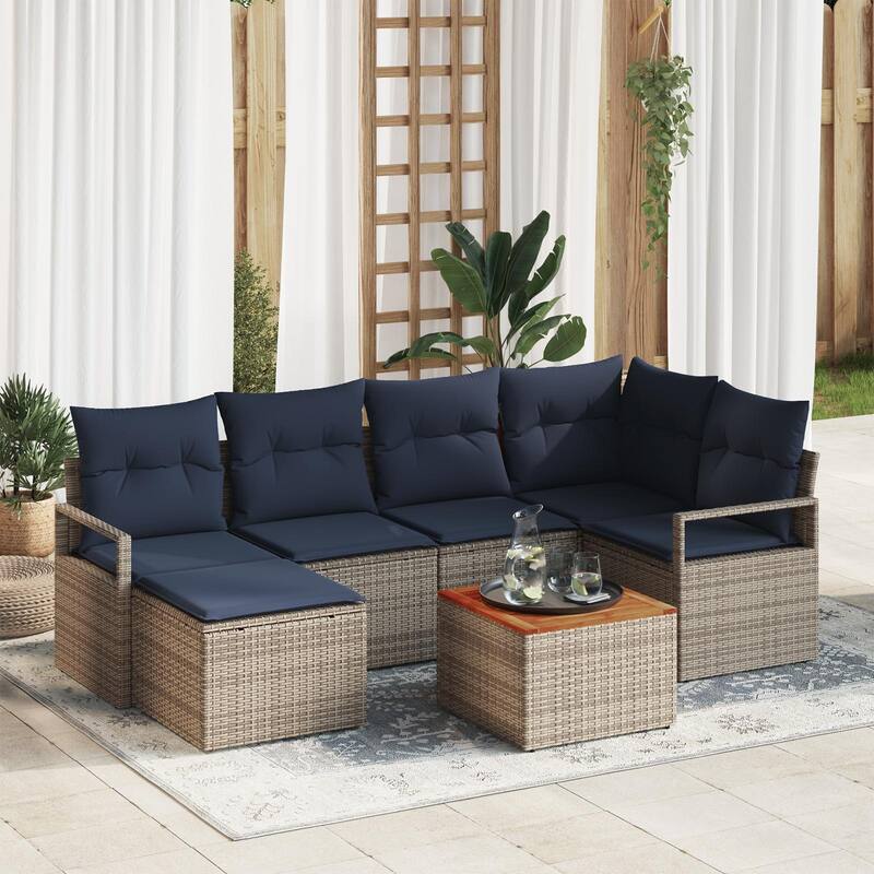 vidaXL 7 Garden Sofa Set with Cushions Black/Grey Poly Rattan - 91.3 x 48 x 27.2 - Grey