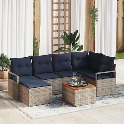 vidaXL 7 Garden Sofa Set with Cushions Black/Grey Poly Rattan - 91.3 x 48 x 27.2