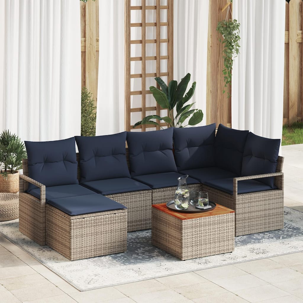 vidaXL 7 Garden Sofa Set with Cushions Black/Grey Poly Rattan - 91.3 x 48 x 27.2