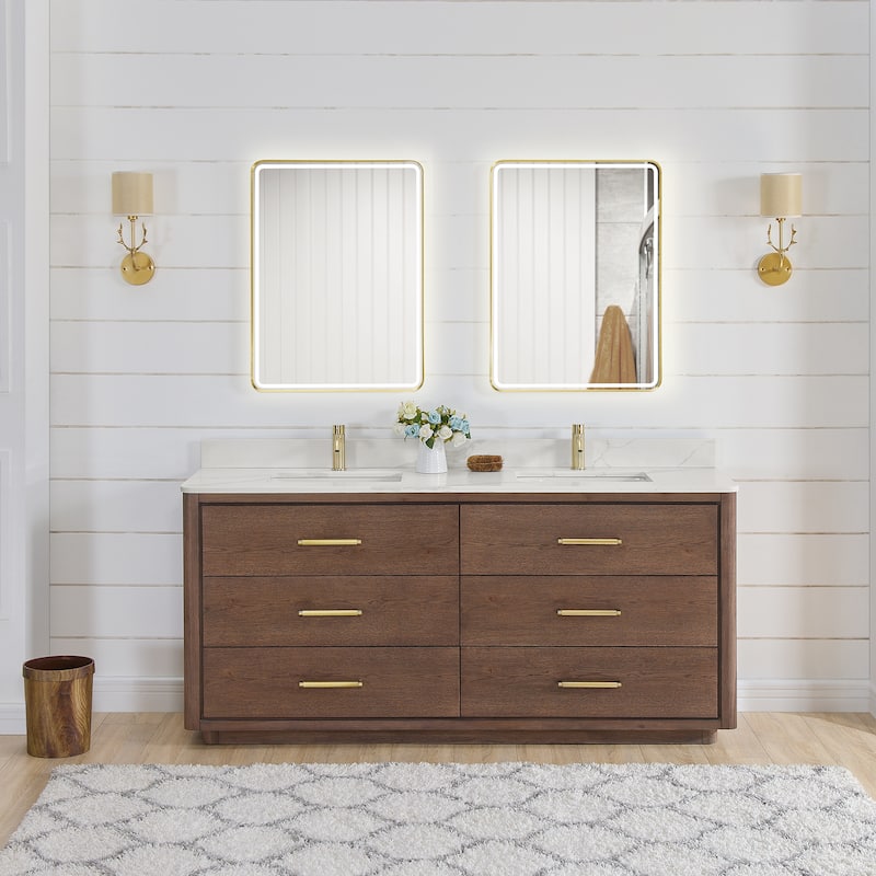 Porto Bath Vanity with White Quartz Stone Top and Mirror - 72in. - Aged Dark Brown Oak