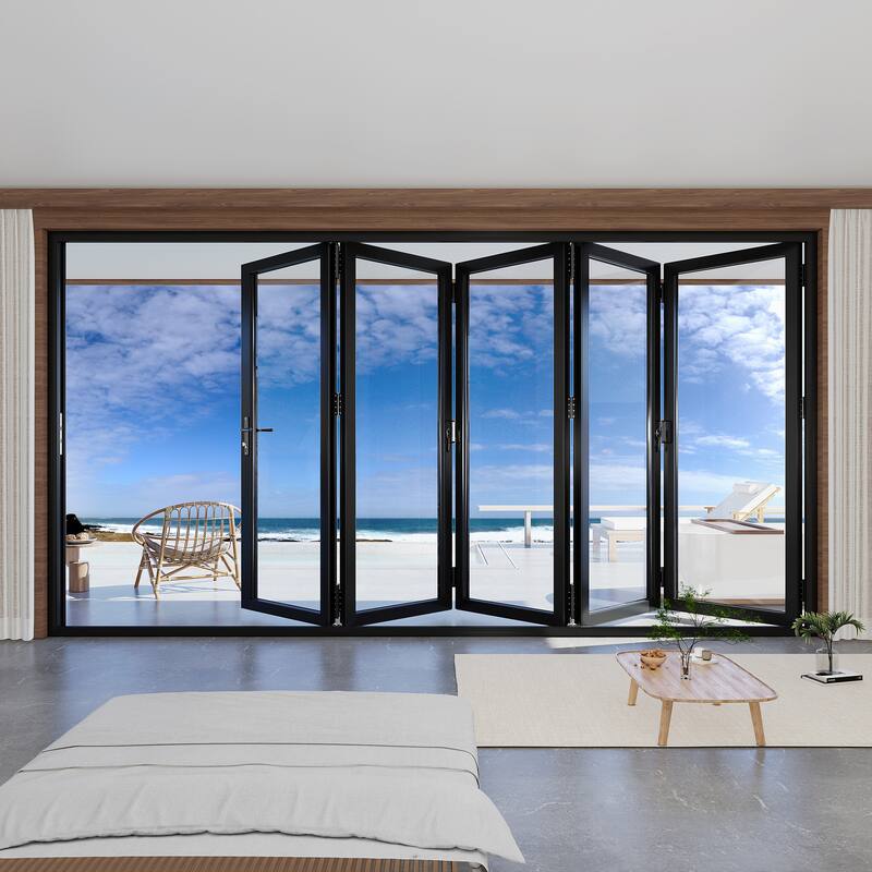 KaMic 168"×80" 5 Panels Aluminum Folding Door In Black,Folded Out From Right To Left Model #:FD5PBK16880-RL