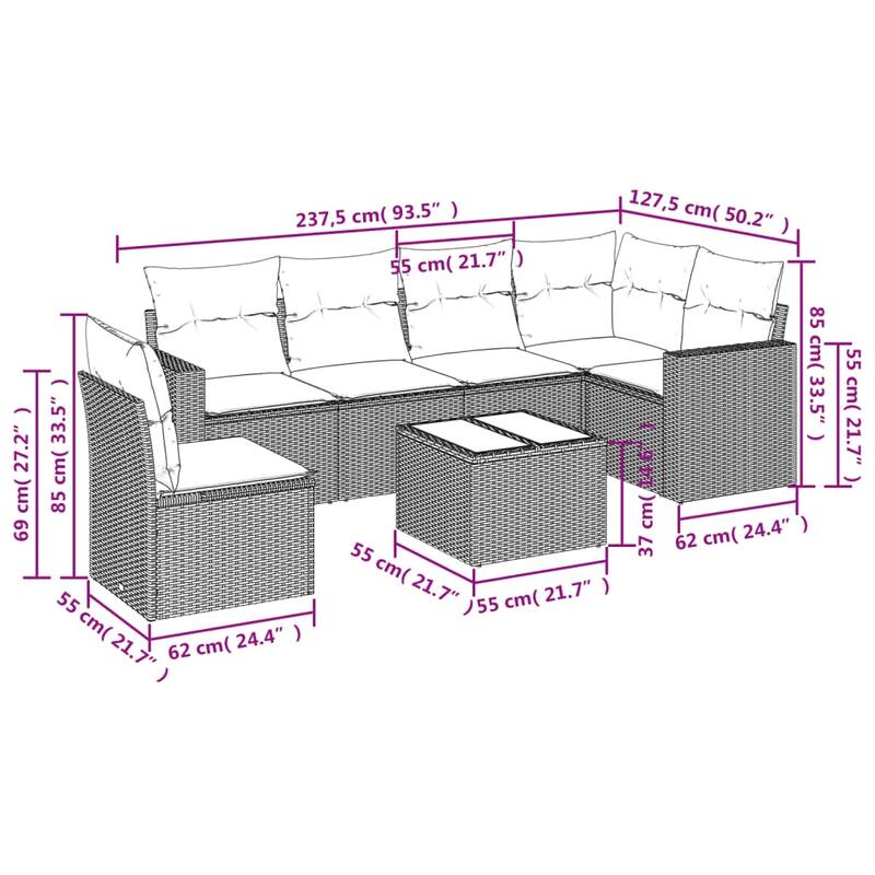 vidaXL Patio Sofa Set with Cushions Outdoor Conversation Furniture Poly Rattan - 25.8" x 24.4" x 27.2"