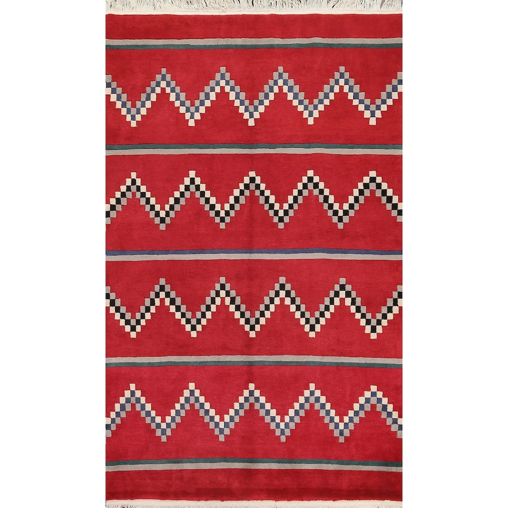 Vegetable Dye Tribal Chevron Nepalese Oriental Wool Area Rug Handmade - 6'0" x 9'0"