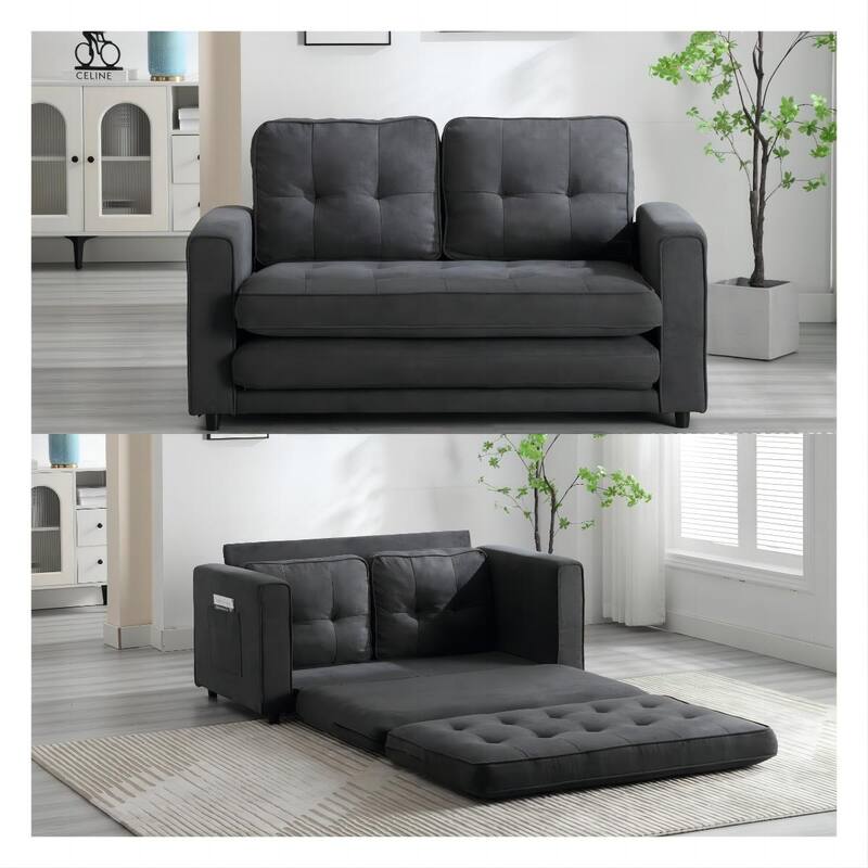 Convertible Futon Sleeper Sofa, 3 Fold Velvet Loveseat Sleeper Sofa with Pull Out Bed and Side