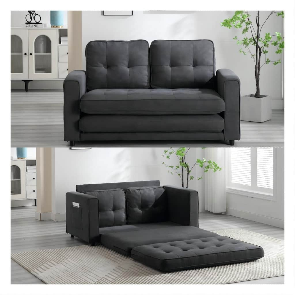 Space-Saving Convertible Futon Couch Bed, 3-Fold Velvet Linen Sofa for Living Room, Small Bedroom, and Guest Room