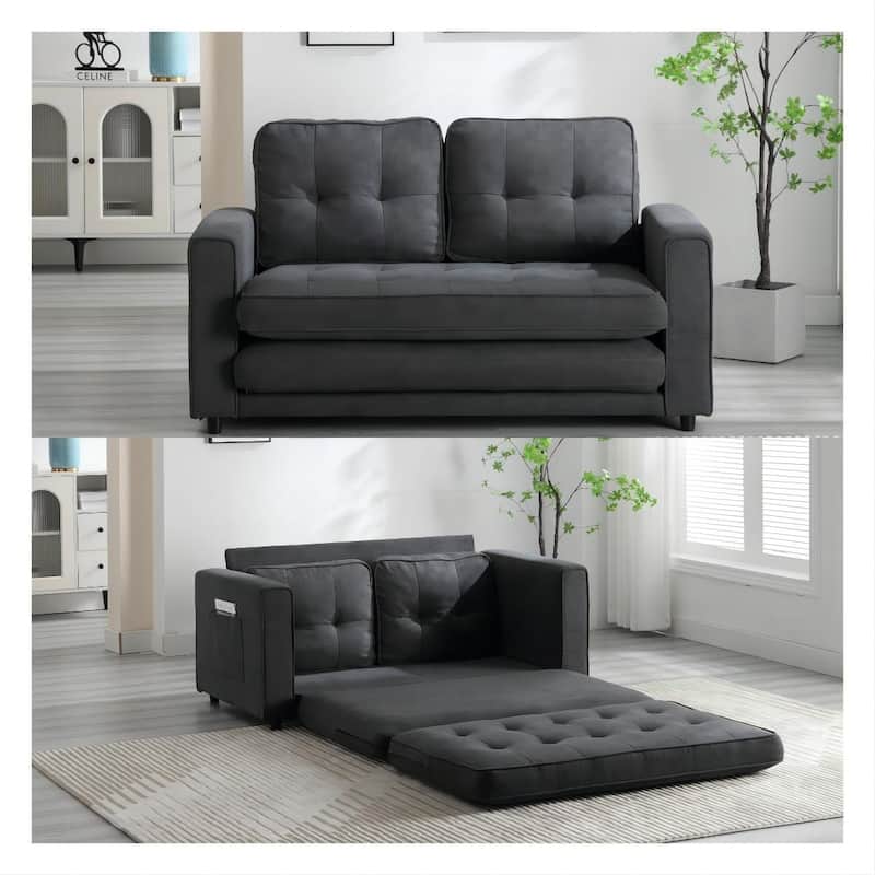 Velvet 55" Convertible 3-Fold Loveseat Sofa Bed: Pull-Out Feature, Side Storage Pocket - Dark Gray