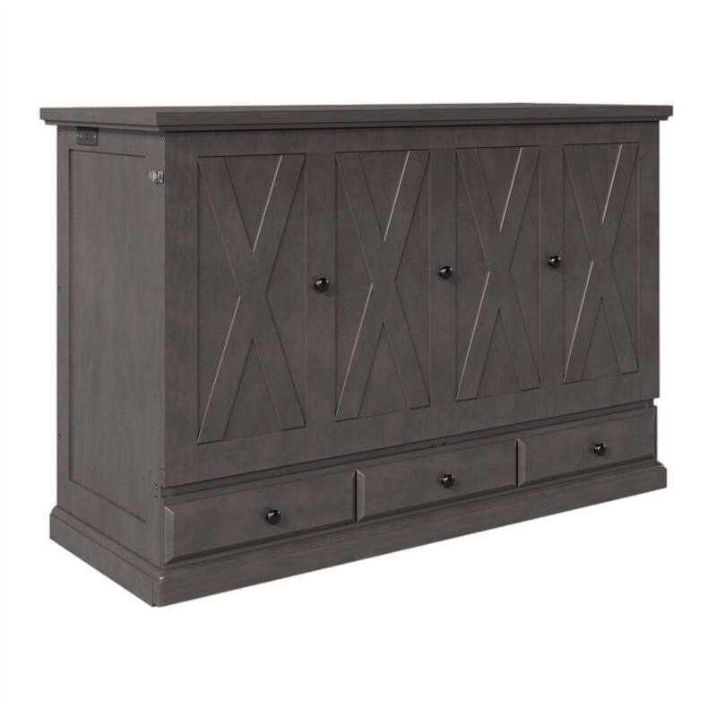 Solid Pine Murphy Bed Chest Cube Cabinet Bed with Charging Station and Large Storage Drawer, Full/Queen Size Murphy Bed Cabinet