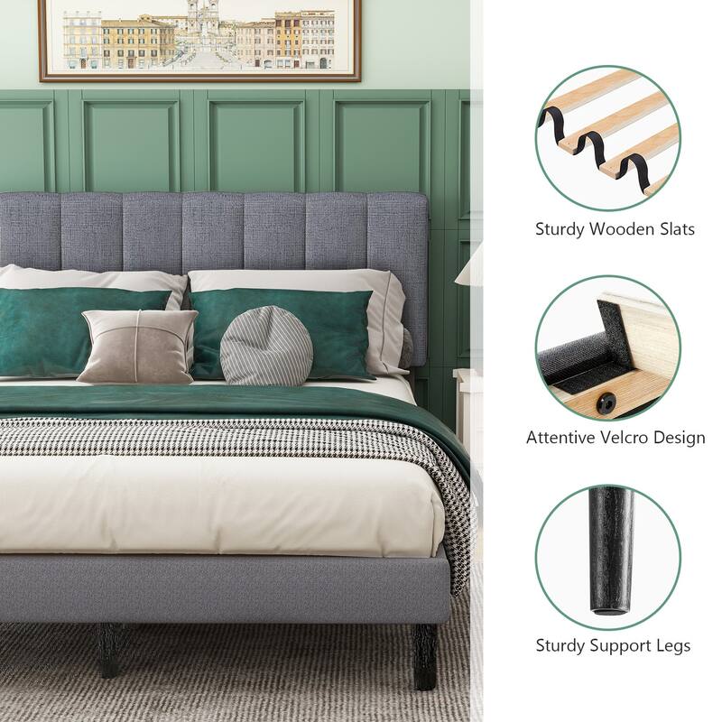 Twin Bed Frame Upholstered Platform with Headboard and Strong Wooden Slats,No Box Spring Needed, Easy Assembly