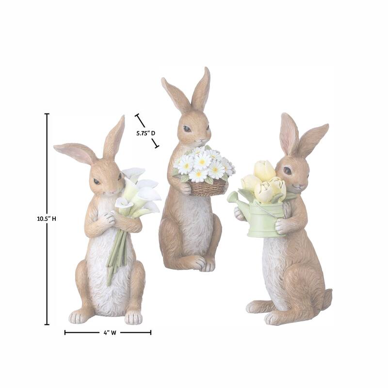 11.5" Resin Bunny With Floral Bouquet Set of 3