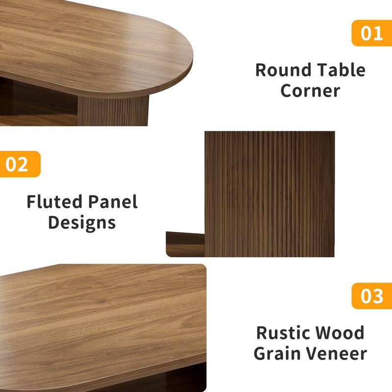 47" Oval Fluted Farmhouse Wood Coffee Table, Mid-Century 2-Tier with Storage, Walnut