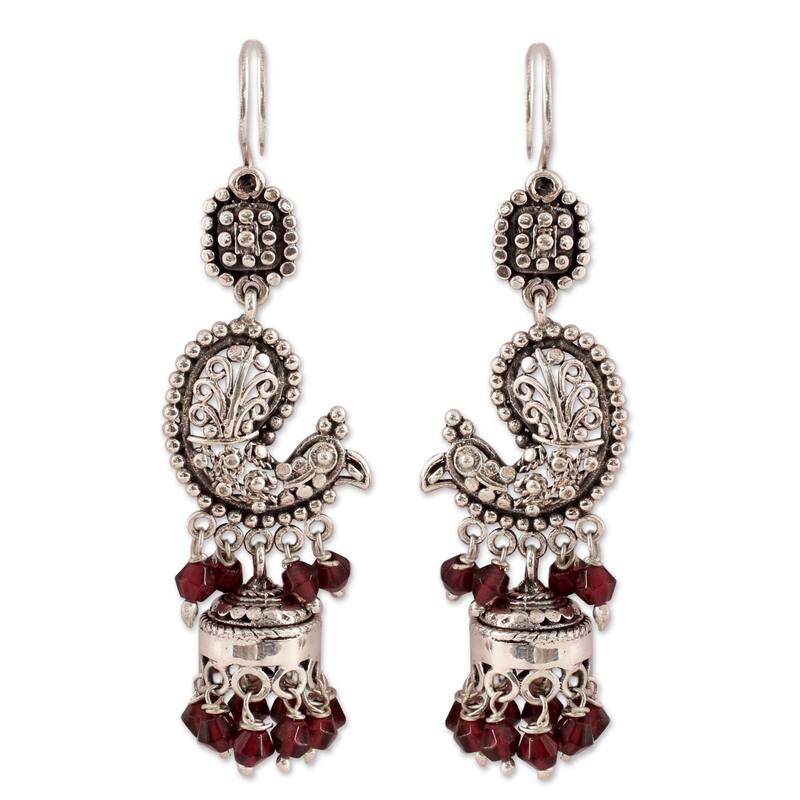 NOVICA Handmade Paisley Peacock Sterling Silver Garnet Earrings (India) - 8'3" x 11' - Red - 8'3" x 11' - Red - D - Agate - White