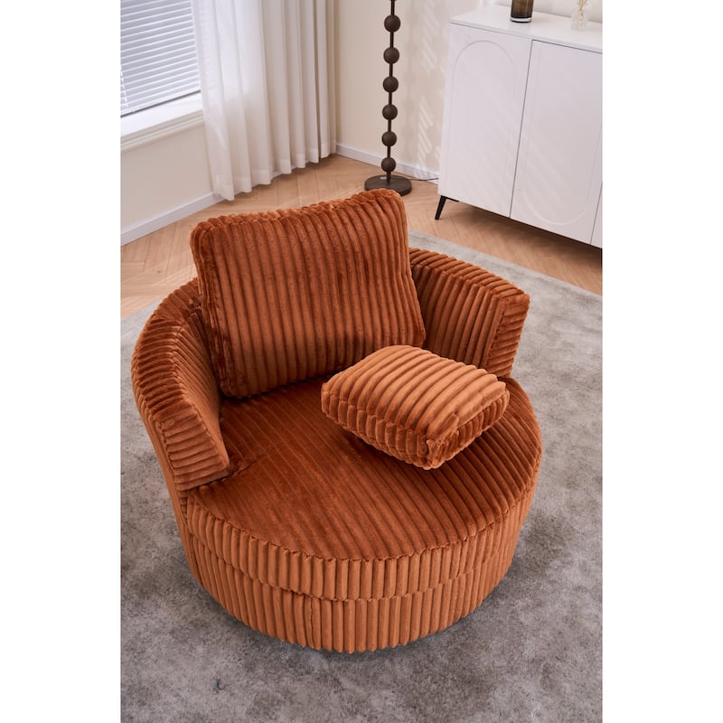 Oversized 360 Degreed Swivel Accent Chair Modern Soft Plush Corduroy Round Barrel Chair for Living Room Bedroom with Pillows