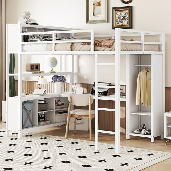 slide 2 of 11, Full Size Metal Loft Bed with Wardrobe And L-shaped Desk, Storage Cubes and Shelves