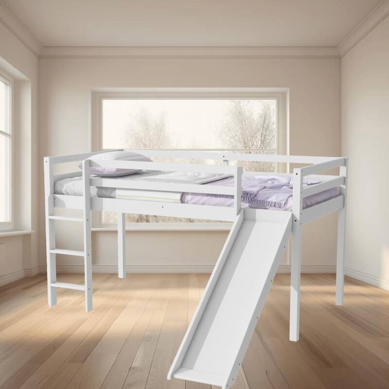 Twin Low Loft Bed Frame with Smooth Slide, Ladder, Safety Guardrails, Durable Rubber Wood Loft Bed with Underbed Storage - White - Twin