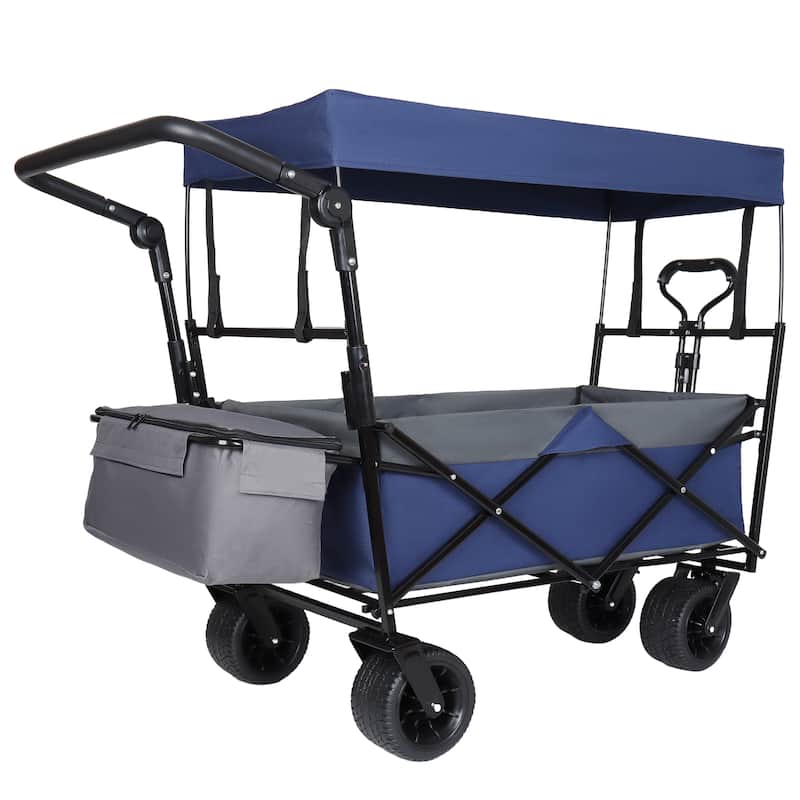 With Push Handle, 480Lbs Collapsible Wagon with Canopy, Wagon cart with 7" All-Terrain Wheels, Large Capacity, Shopping, Sports