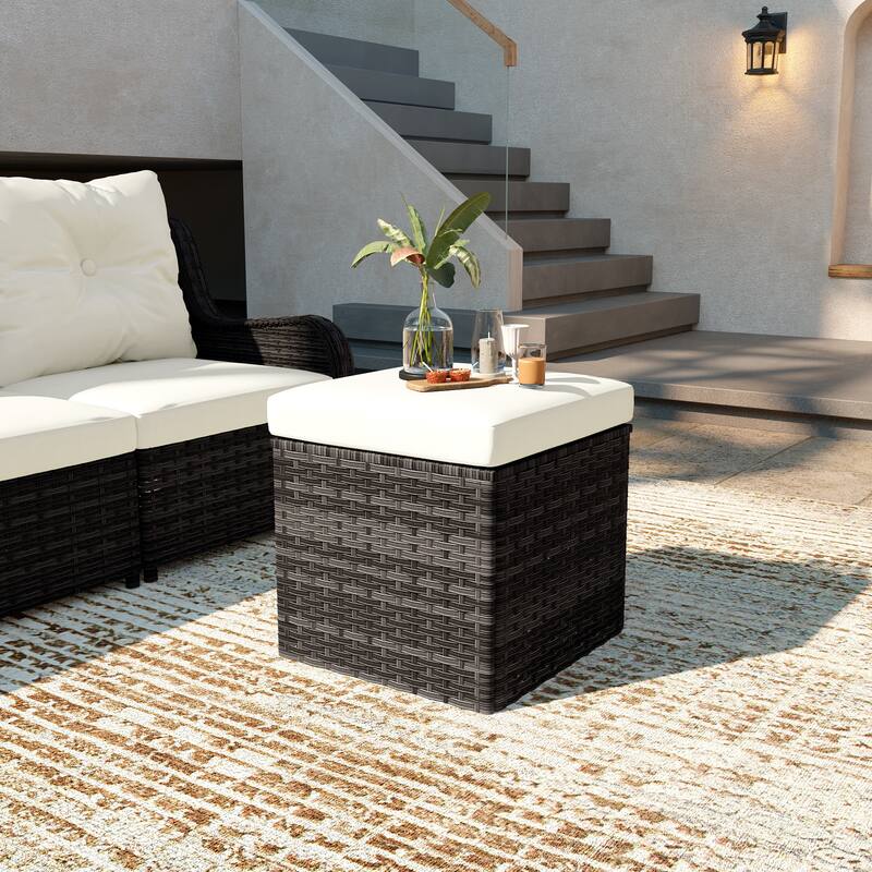 Outdoor Wicker Square Storage Ottoman with Plush Cushion