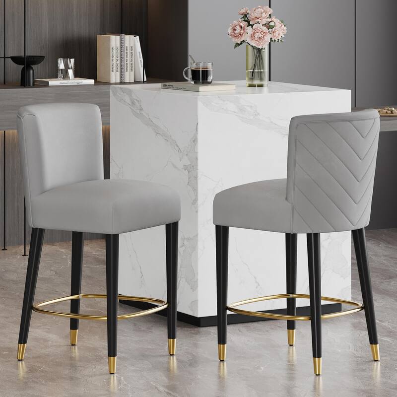 27-Inch Counterstool with Light-Colored Fabric and Gold-Tipped Circular Footrest - Grey