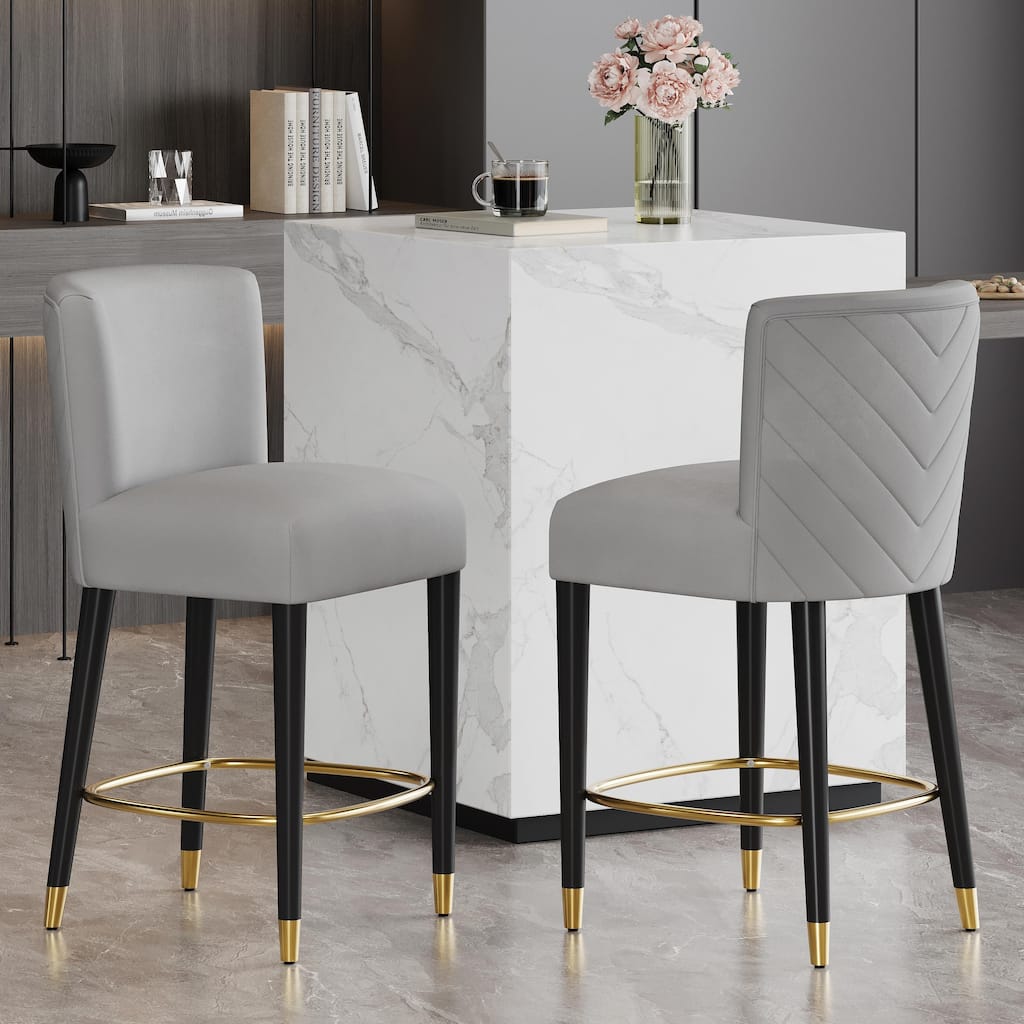 27-Inch Counterstool with Light-Colored Fabric and Gold-Tipped Circular Footrest