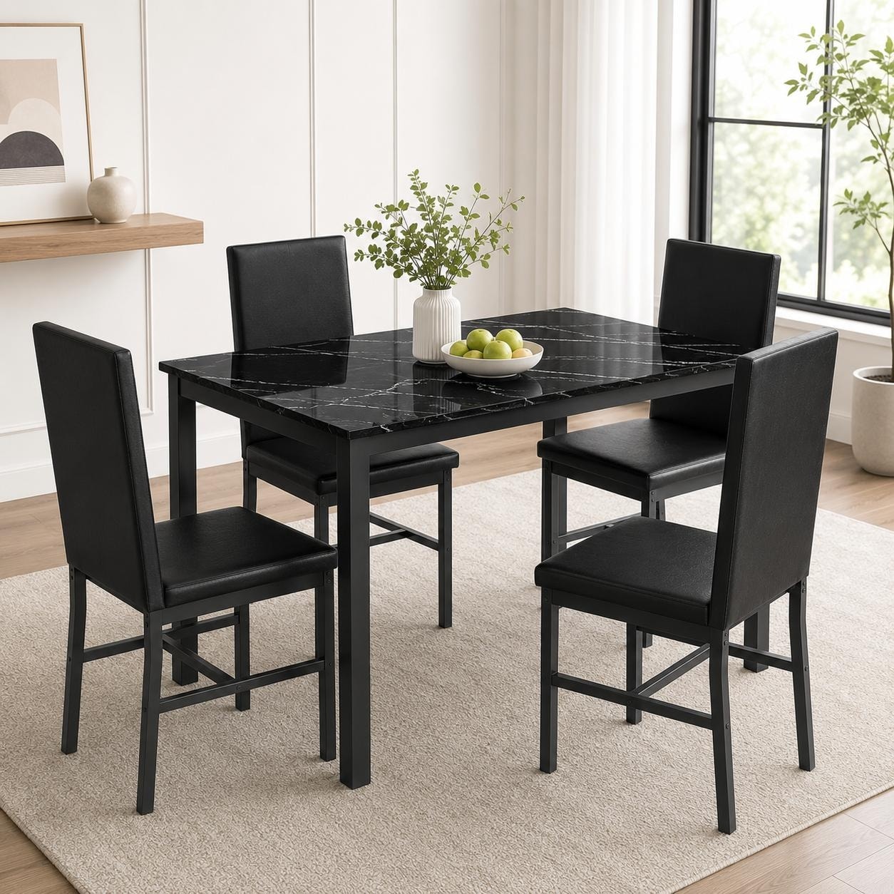 5pc Kitchen Dinette Set Faux Marble Top PU Padded Chairs